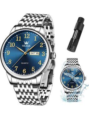 Men's Silver And Blue Stainless Steel Analog Classic Waterproof Luxury Watch